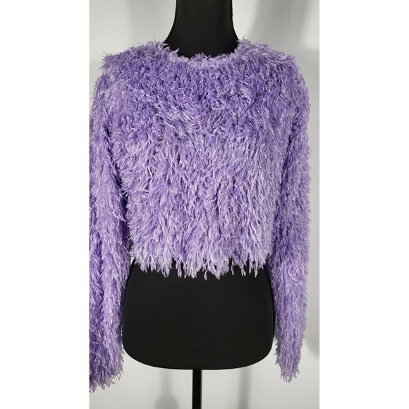 Fuzzy Cropped Blouse - Shaggy Knit Pullover - Lavender Purple - Size S - Picture 5 of 8
